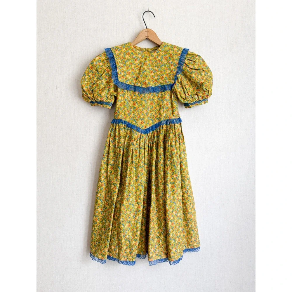 Handmade Vintage Floral Prairie Dress Cottagecore Lace Yellow Blue Kids Girls